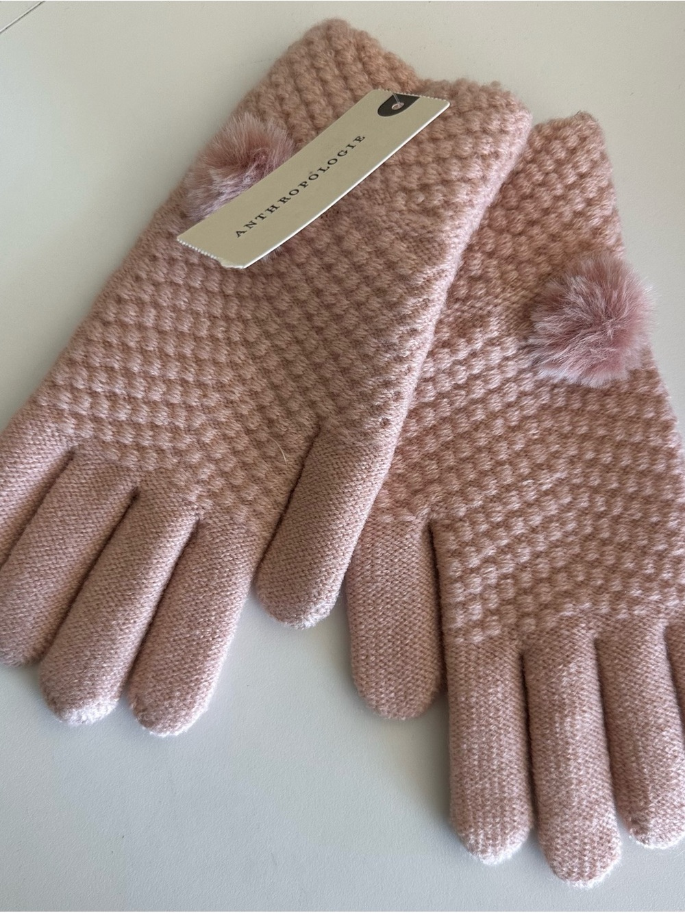 NWT Anthropologie Pommed Berkshire Gloves Pink Textured Knit Pom-Pom